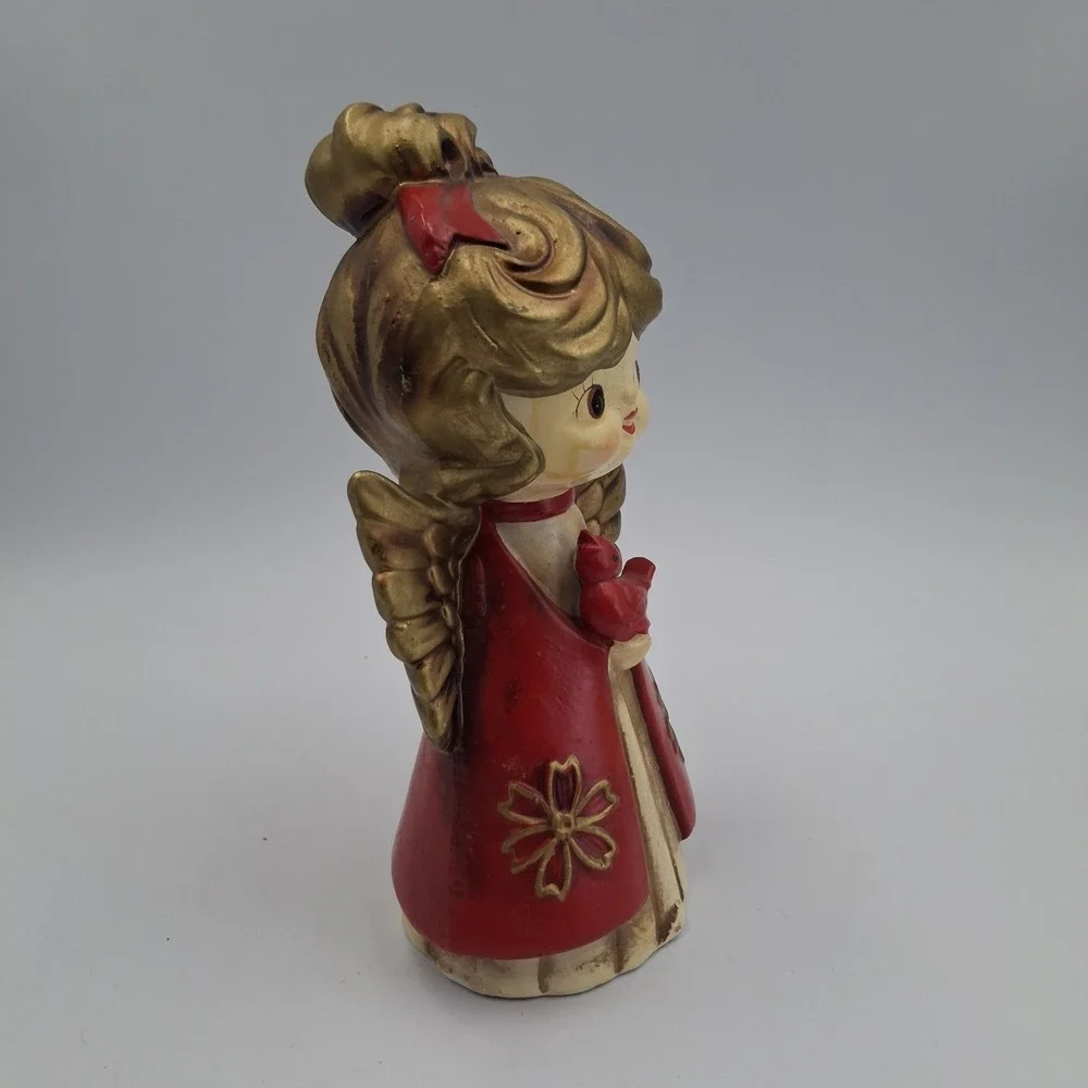 Vtg Christmas Angel Figurine Japan Mid Century‎ Red Gold Big Eye Girl Cardinal
